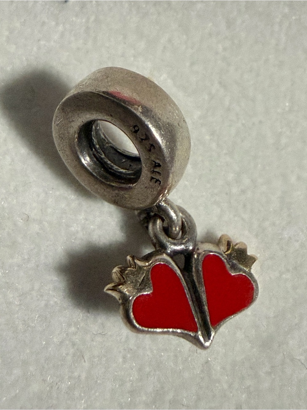 Authentic Pandora red enamel double heart and crown 14k dangle charm
